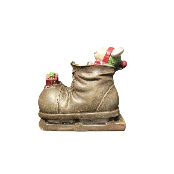 Holiday Mouse In Brown Boot Sled With Red Scarf & Green Figurine - Picture 5 of 10